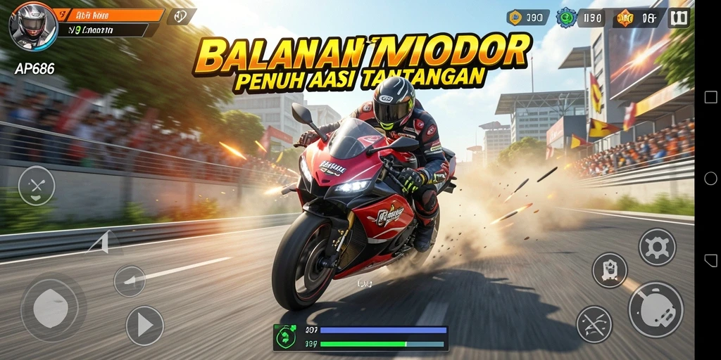 Screenshot utama AP686 menampilkan aksi balap motor yang mendebarkan.