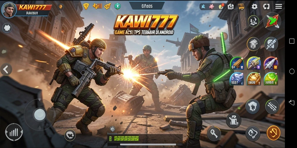 Tampilan gameplay aksion KAWI777 dalam mode TPS yang mendebarkan.