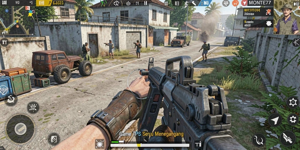 Tangkapan layar gameplay MONTE77 yang menampilkan aksi TPS mendebarkan.