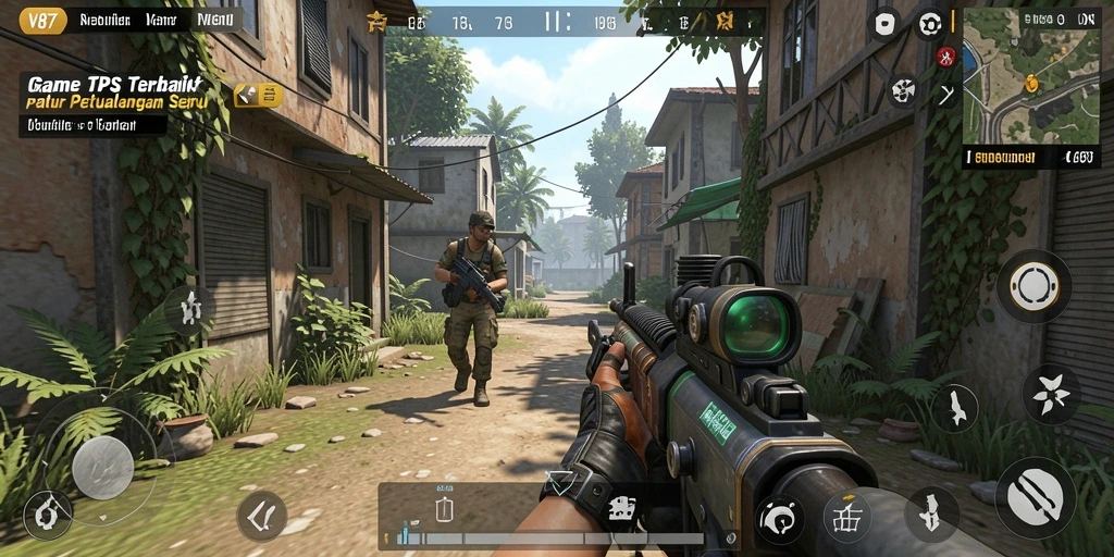 Screenshot utama V87 menampilkan adegan aksi penuh ketegangan dalam game TPS.